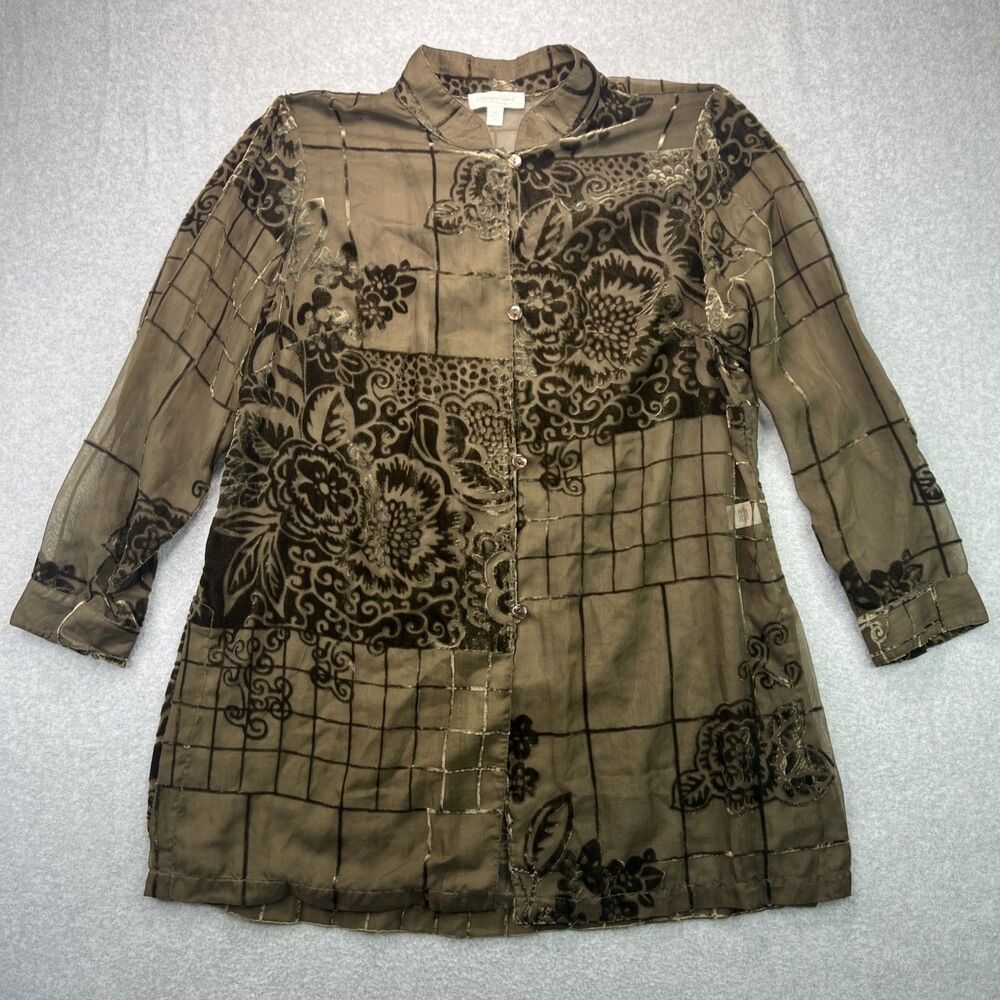 Coldwater Creek Velvet Burnout Tunic Blouse 1X Green Fall Artsy Boho Whimsical